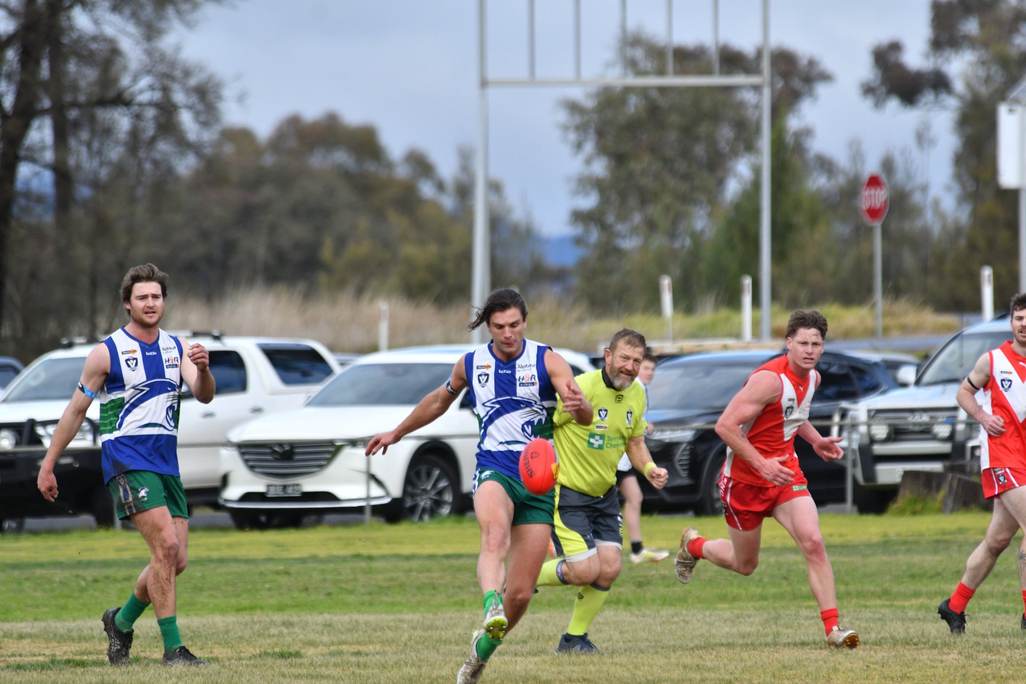 Kaniva Leeor United's Tyler Roos gets a kick away.