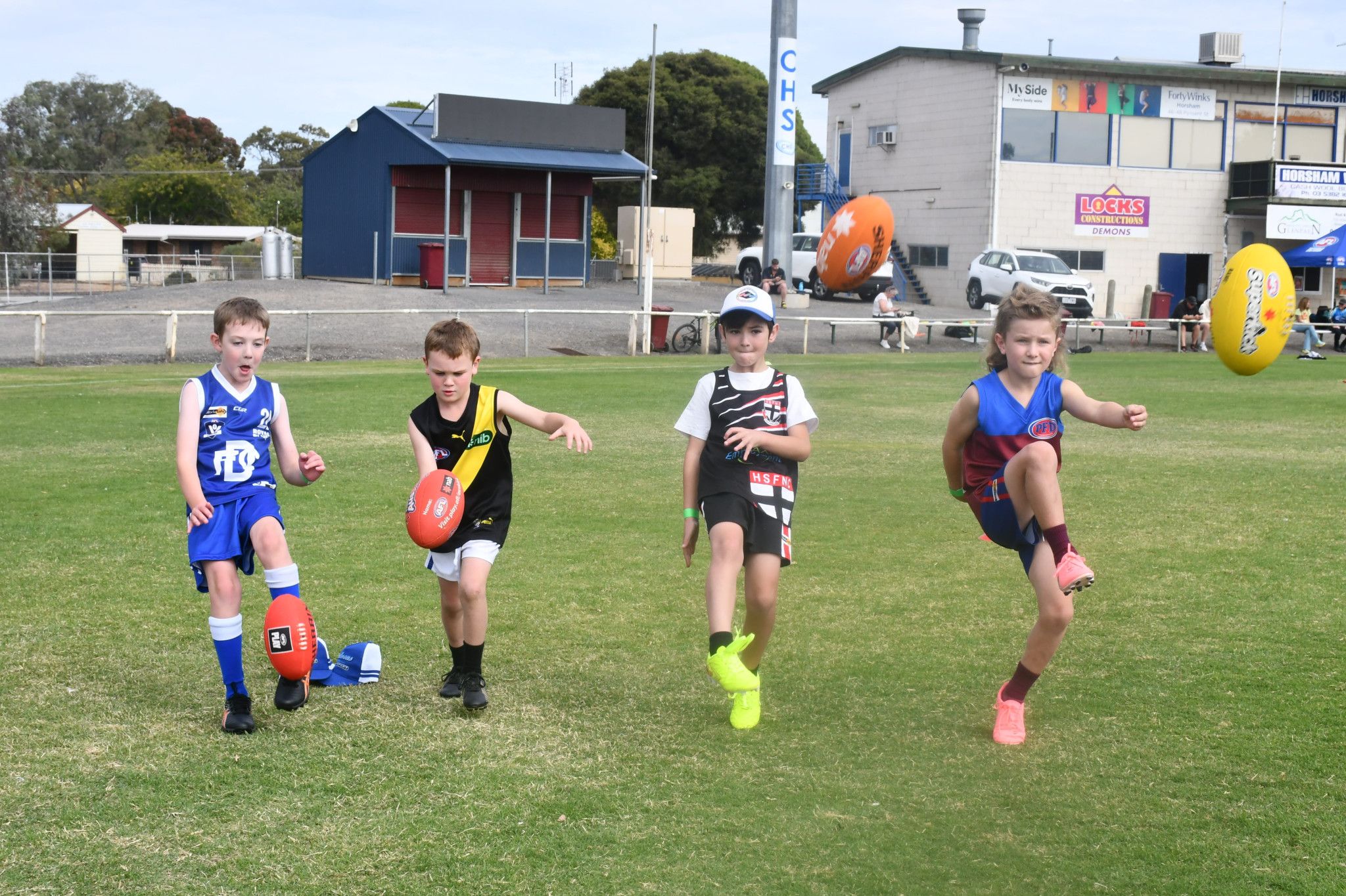 Edward, 8, of Dooen, Lucas, 8, of Rupanyup, Judd,9, of Horsham and Menzel, 8, of Horsham are kicking the target. Photo: TAYYAAB MASROOR