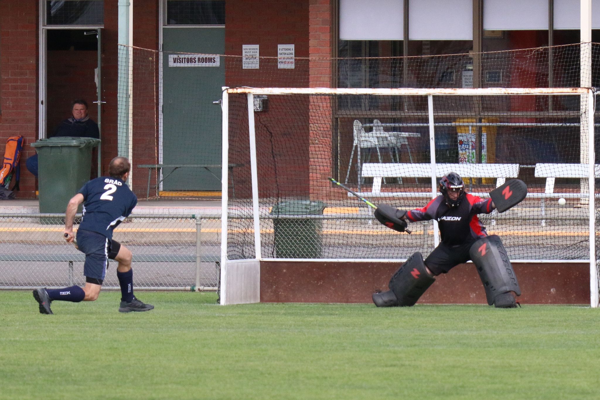 Brad Alexander (2) opened the scoring for the Yanac Tigers when he got a penalty stoke past Warrack Hoops&rsquo; goalkeeper Russell Brown. PHOTO: SIMON KING