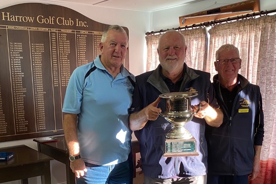 Ron Oakley (Glenelg Veteran Golfers president) with winners Ian Hair (Wimmera Vets president) & David Baker (Wimmera Vets captain).