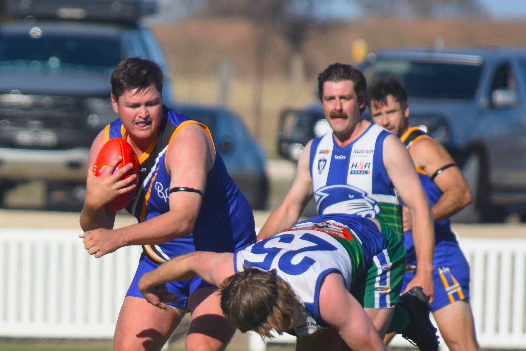 Ruckman Henry Gould (left) looms as a key player for Natimuk United this Sunday when they take on Noradjuha Quantong.