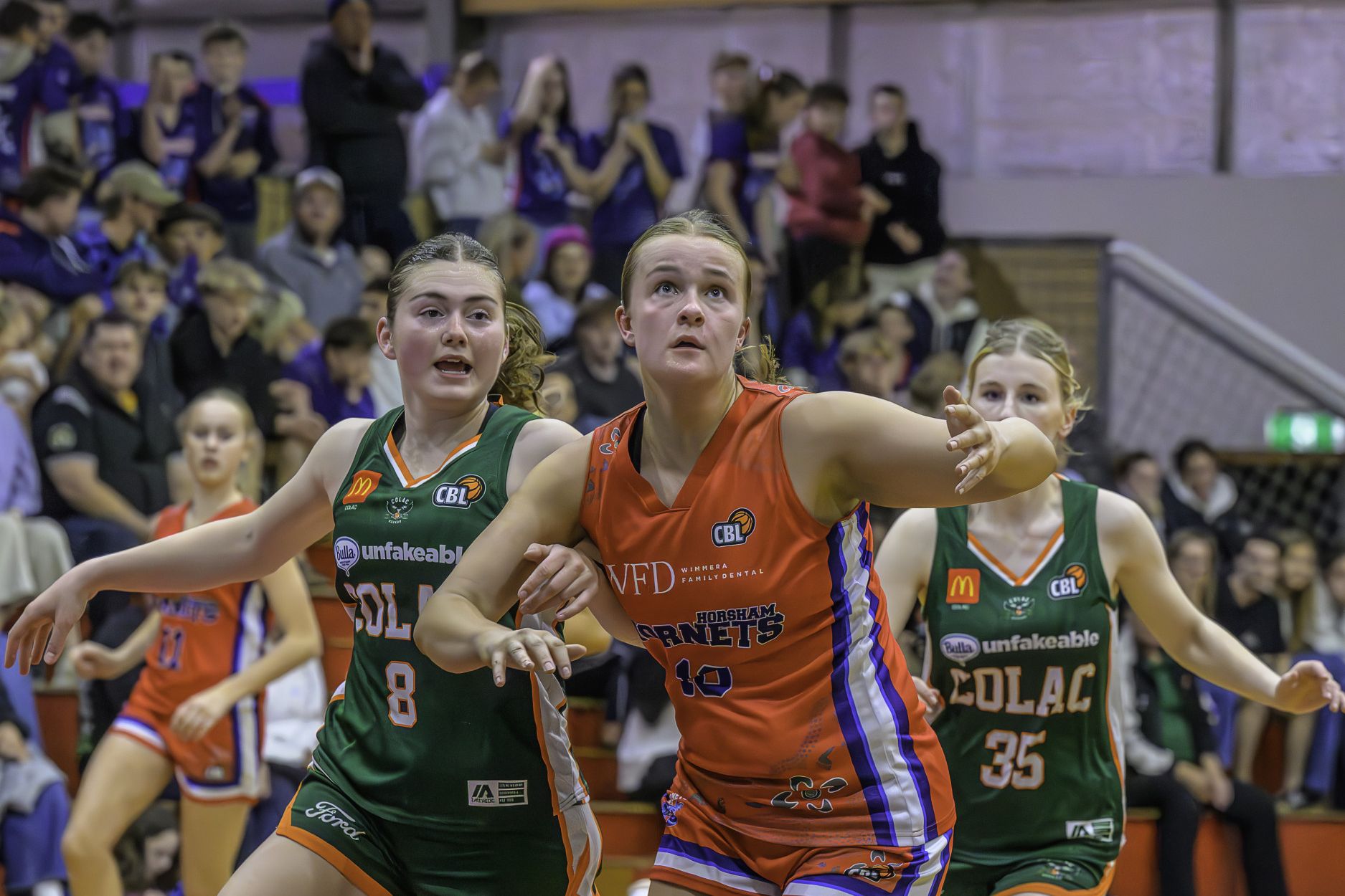 Jorja Clode tracks the loose ball. Clode scored 22 points as the Lady Hornets defeated Colac 76-69 to record their first win of the season. Photos by ROBIN WEBB
