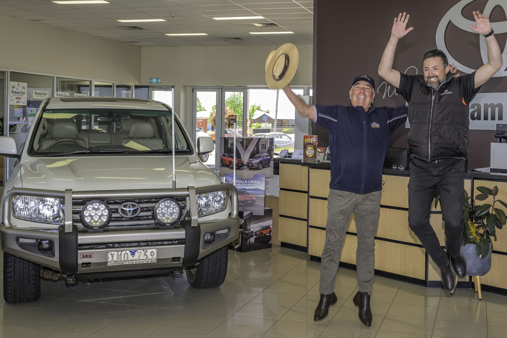 CELEBRATING the significance of his car&rsquo;s million-kilometre achievement with the trademark Toyota jump is Driscoll and Co stock, station and real estate agent, Gary Driscoll with Horsham Toyota service manager, Tim Barnett. The 2009 Landcruiser 200 Series Sahara has had almost all its scheduled services done there, and was still driving well on its original motor and transmission.