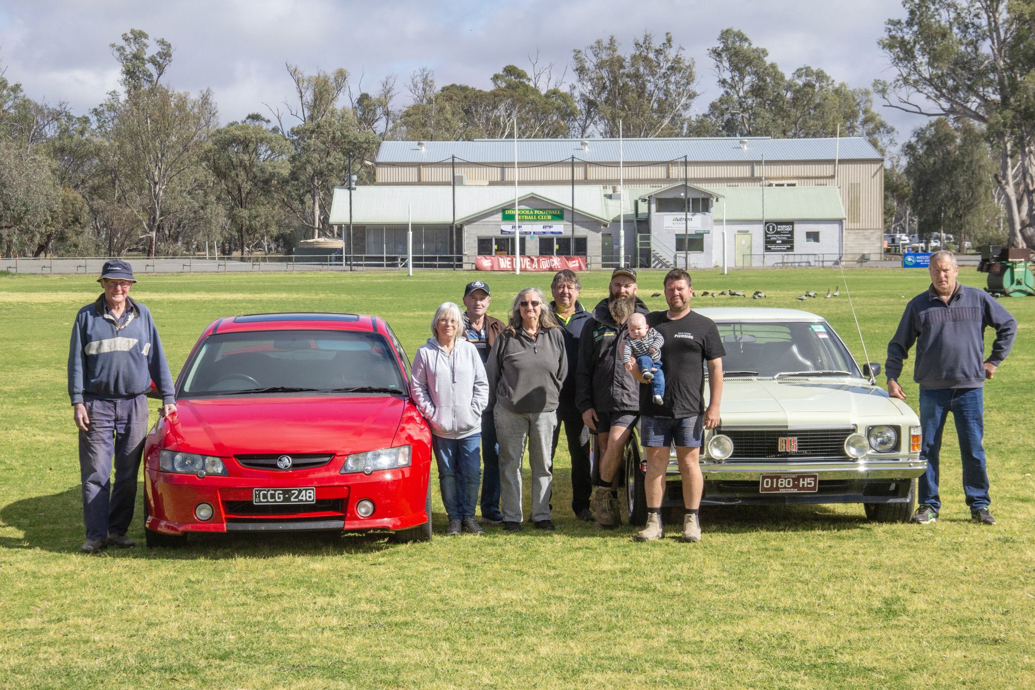 Standing with two classic cars &ndash; a 2003 VY Commodore SS and 1976 HJ Monaro GTS &ndash; that will be appearing with about 40 others at the Dimboola Show are members of the P&A Society &ndash; (from left) treasurer, Ian Bridgewater; assistant secretary, Shirl King; committee member, Peter Eldridge; committee member, Karen Unger; Monaro owner, Robin Launer; vice-president, Stuart Walker; Commodore owner, Mark Launer (holding son, Archie); and president, Harvey McKinnon. With Saturday&rsquo;s weather promising to be sunny and mild, the members are keen for all to come and enjoy everything on offer.