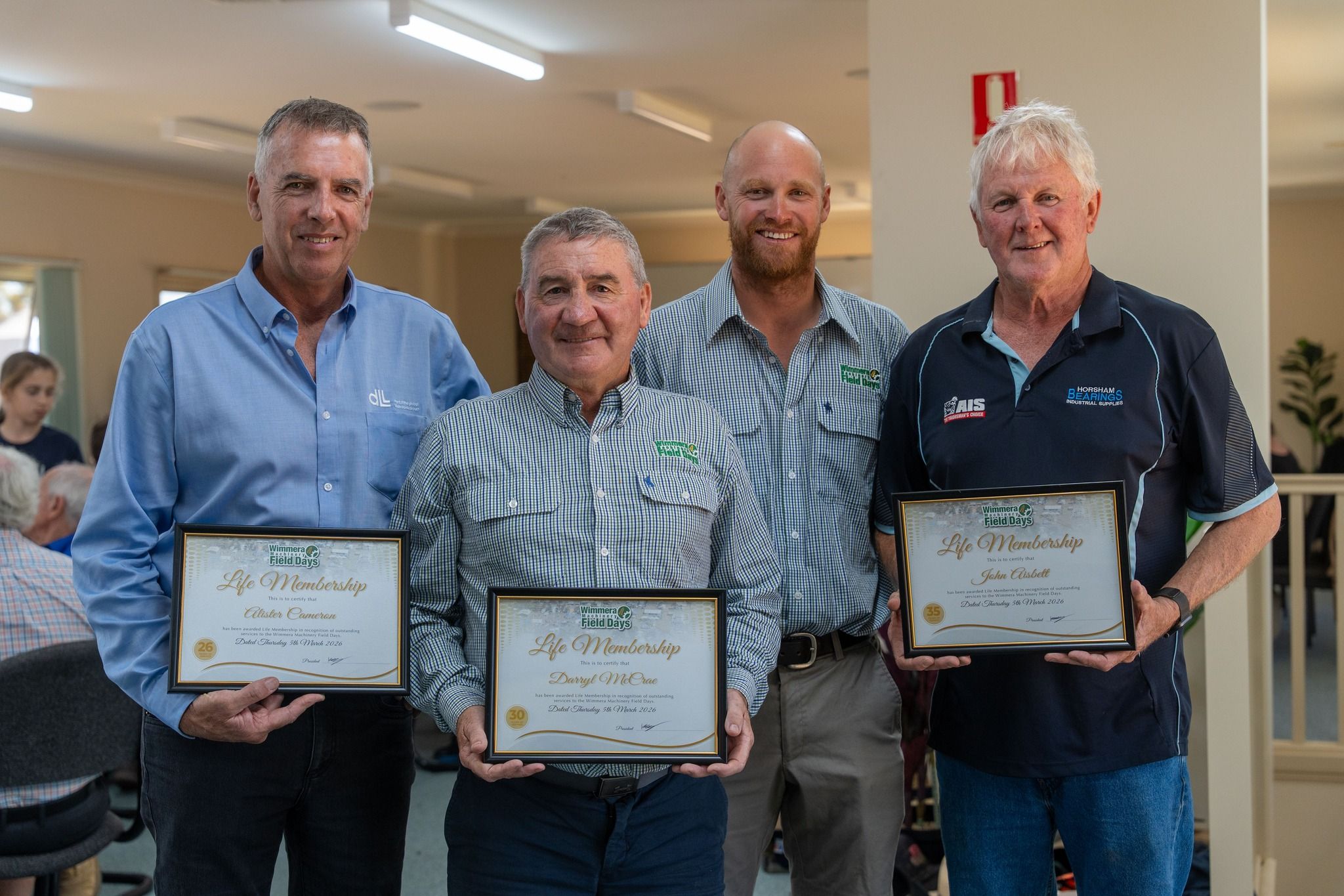 Wimmera Machinery Field Days president Harry Young (second from right) with new life members Alister Cameron (left), Darryl McCrae and John Aisbett.