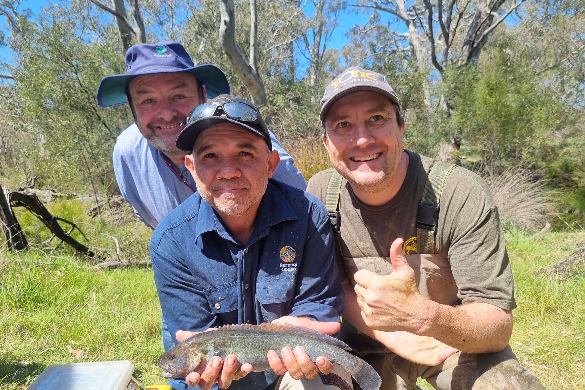 The new Wimmera Waterway Strategy includes actions to preserve biodiversity such as the regionally-threatened River Blackfish, pictured with (from left) Wimmera CMA strategic planning officer, Dean Lawson, Barengi Gadjin Land Council water officer, Scotty Marks and Arthur Rylah Institute for Environmental Research applied aquatic ecology section leader, Jarod Lyon.