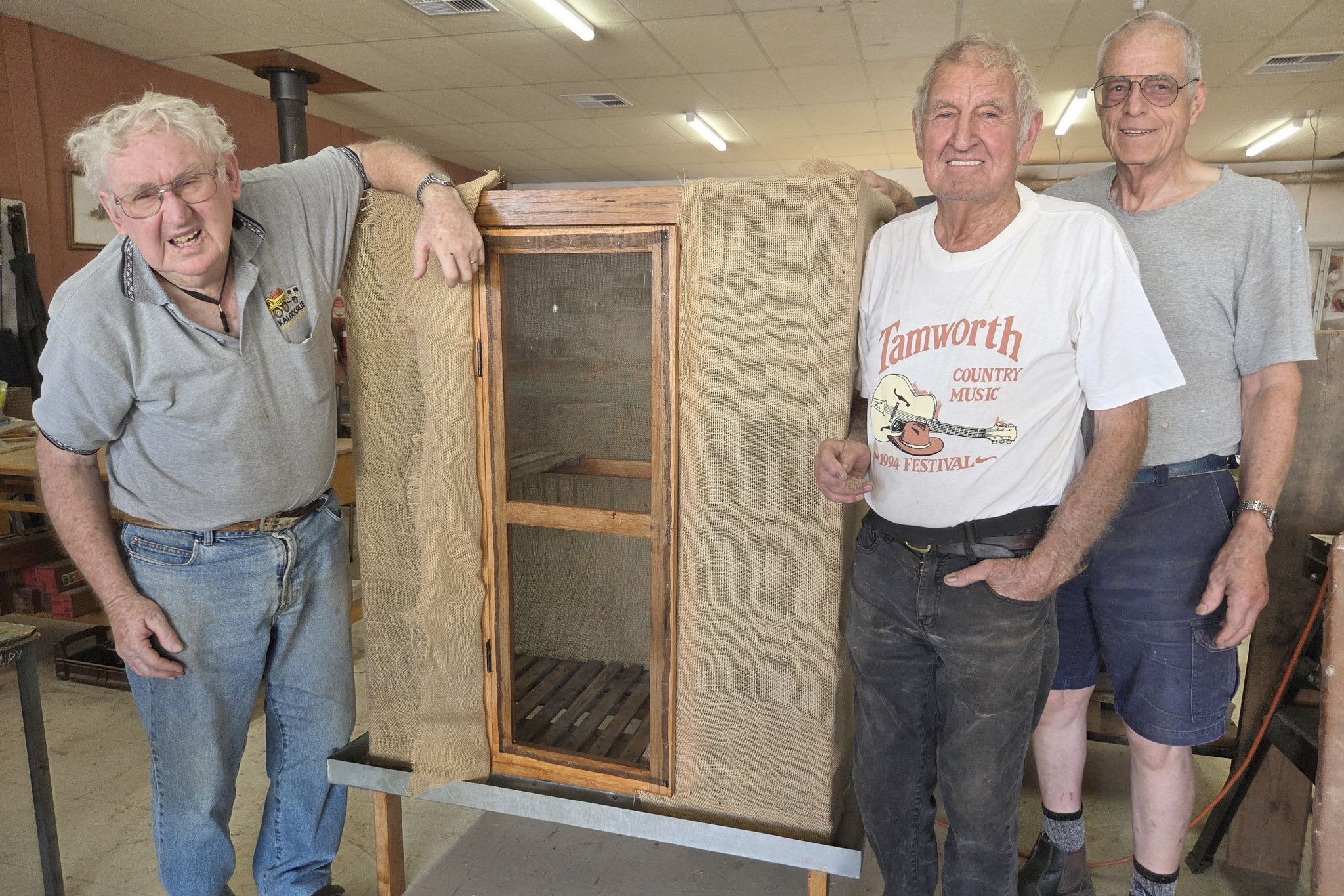 Volunteers Ken, Austin and Rob with the Coolgardie Safe restored by volunteers at the Hopetoun Men’s Shed.