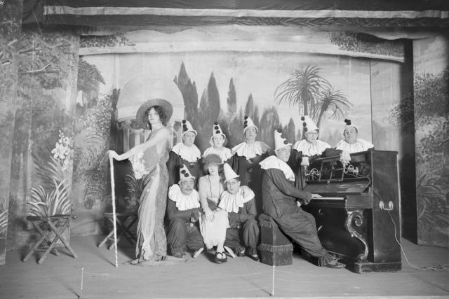 The Anzac Coves concert party posing in Nord Pas de Calais, France, on November 23 1917 in Nord Pas de Calais, France. Sergeant Jack Leslie Davey is second from the right.