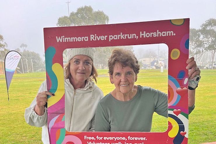 Beverly Rethus, 88, completed her first Horsham Park Run accompanied by her niece Christine Chapple at Sawyer Park last Saturday. Photo credit: SUPPLIED