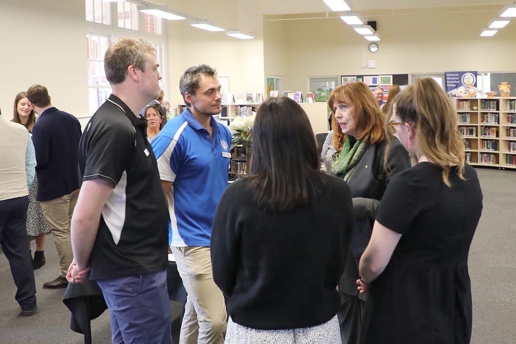 Her Excellency Professor the Honourable Margaret Gardner AC, Governor of Victoria, talks with DMSC staff, commending them on their important role in shaping the minds of tomorrow.
