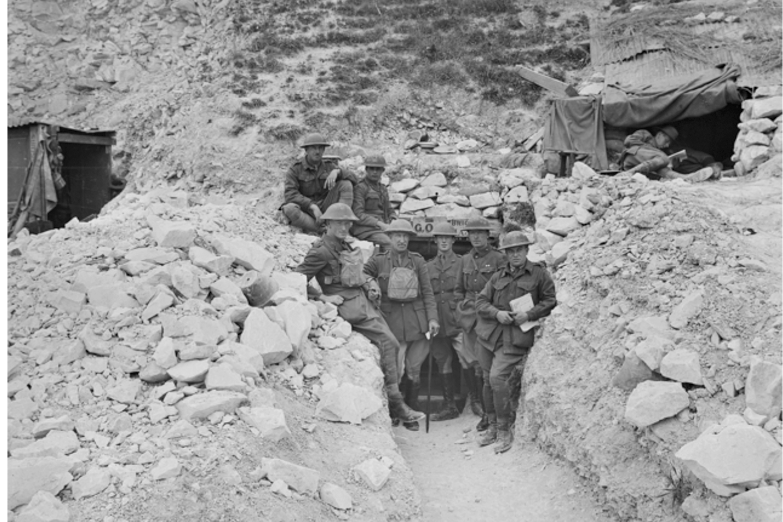 The 4th Infantry Brigade poses at its headquarters in a quarry near Hamel. Twenty-four hours earlier the brigade had taken part in the battle of Hamel, where it had the task of tackling the strongly held Vaire Wood. Henry Lackman is in the centre, third from the left in the front row.