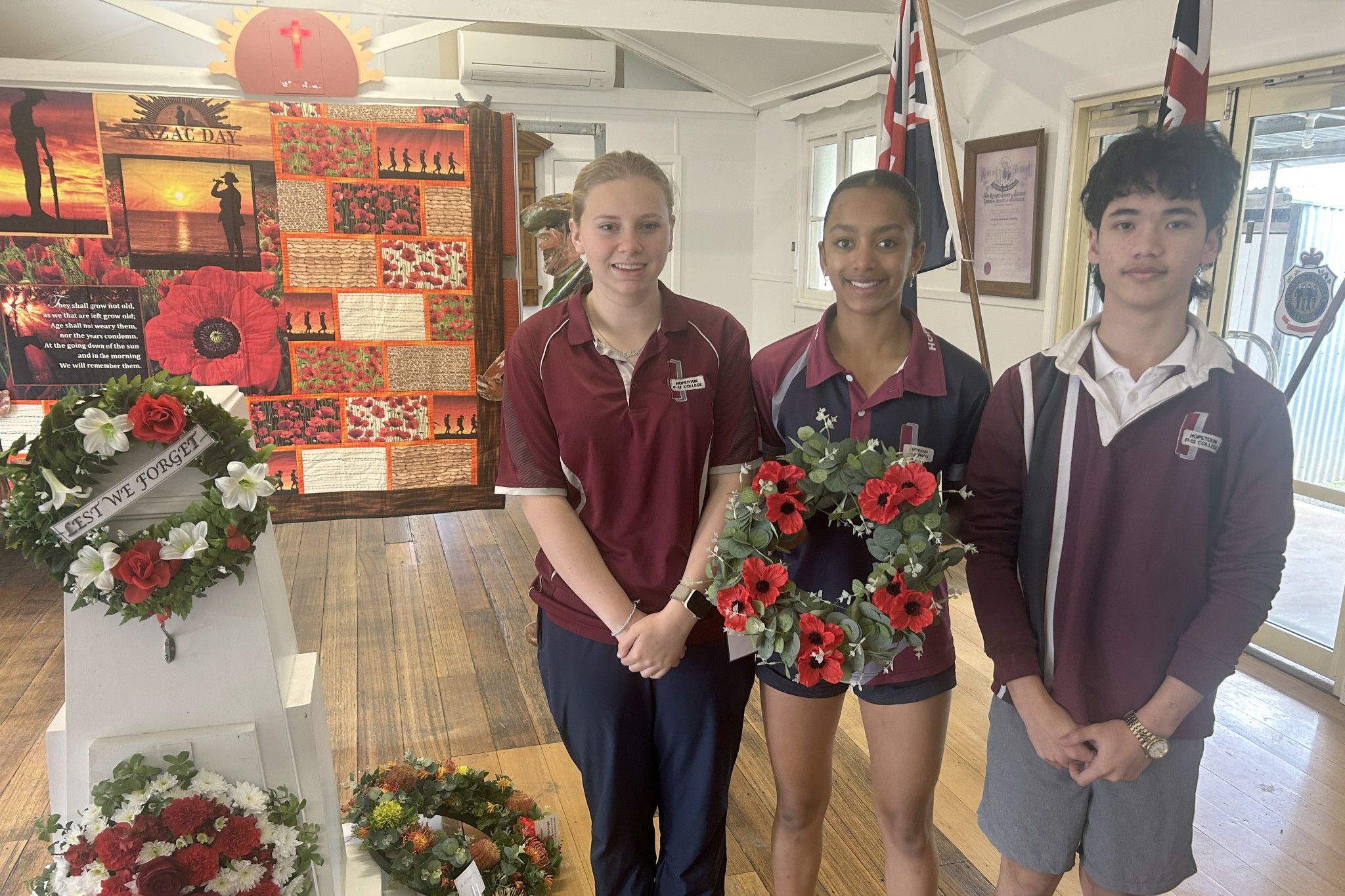 Newly appointed school captains, Esther (left) and Jakob (right), and junior school captain Mia laid a wreath at the Hopetoun RSL Remembrance Day ceremony on November 11.