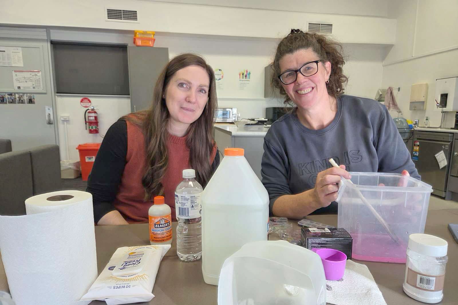 Hopetoun P-12 wellbeing team members Tammy and Kelly enjoyed making slime alongside the school Chaplain, Susan Pearse.