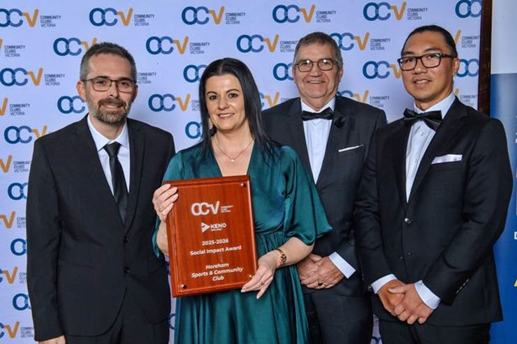 Horsham Sports and Community Club manager Daniel Hounsell (LEFT), marketing and community engagement manager Laura Russell, director Greg Schultz, and supervisor Stephen Tudias celebrate the club's Social Impact Award at the 2026 Community Clubs Victoria Awards Gala. Photo credit: SUPPLIED
