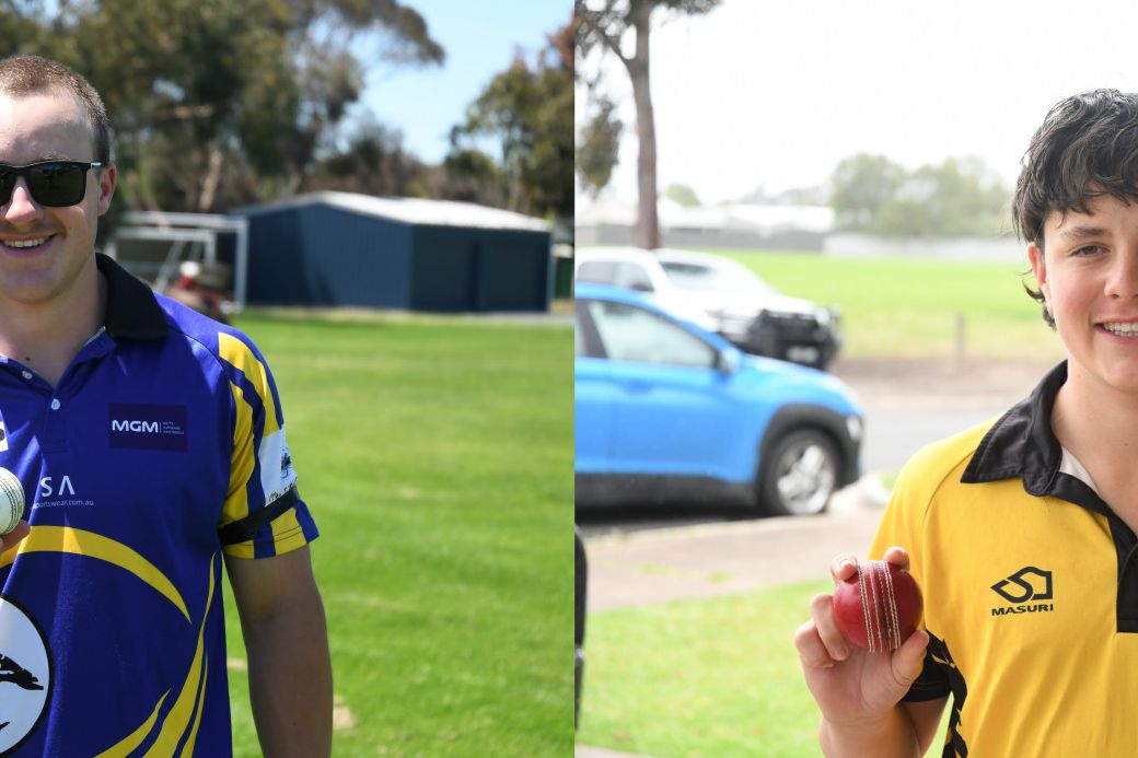 Aaron Leith and Archie Knight each hold their hat-trick balls. Leith (Lubeck Murtoa) achieved the feat in round two of A grade, while Knight (Tigers) achives his in B grade during round three.