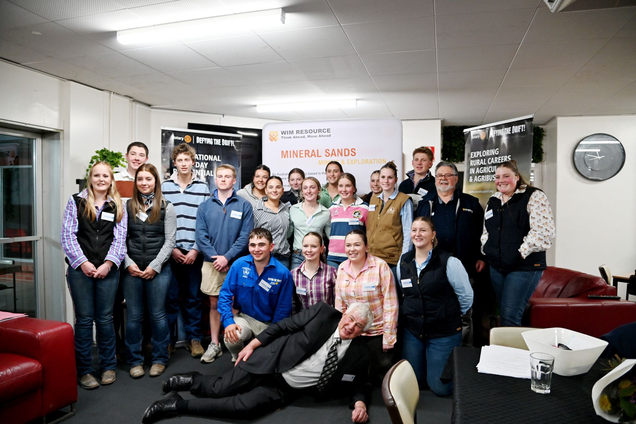 THE Rotary &lsquo;Defying The Drift&rsquo; program group for 2025, with DTD chair, Dale McIntyre, front and centre. &ldquo;They picked me up because I wouldn't go in the photo. So they picked me up and carried me out and put me in front of the photo on the ground!&rdquo;
