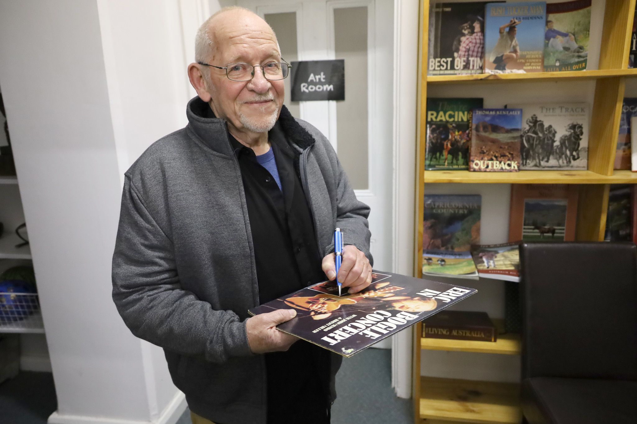 Eric Bogle signing a copy of his LP &ldquo;Eric Bogle in Concert&rdquo;, which was recorded in Perth, 40 years ago this month.