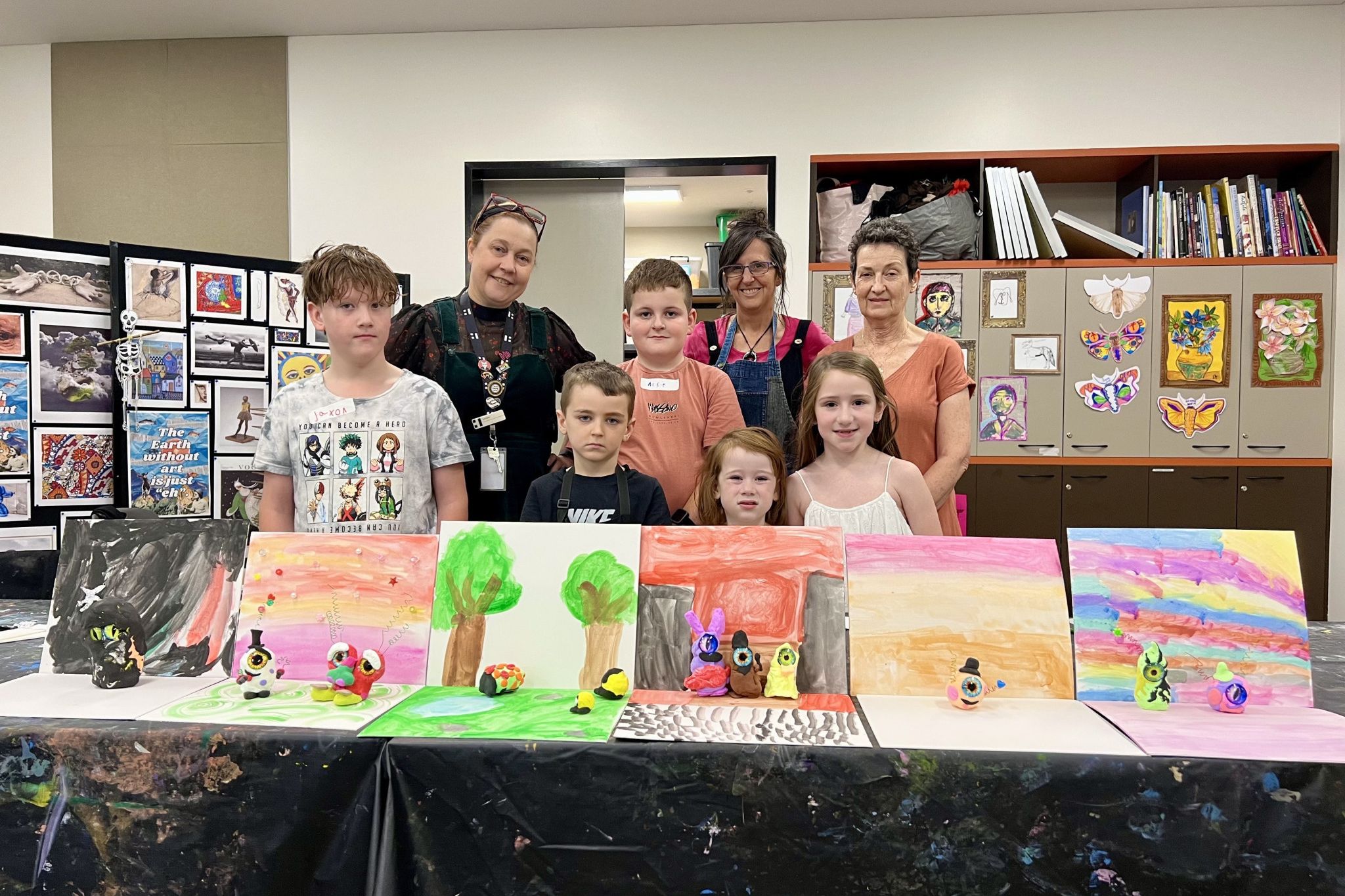 Horsham Town Hall public art officer Larissa Riddell, arts tutor Michelle Watson and Trish Matheson (back), with participating kids Jaxon, 7, Xavier, 7, Alfie, 10, Eldie, 5 and Matilda, 7 (front), at the end of the activity. Photo: TAYYAAB MASROOR
