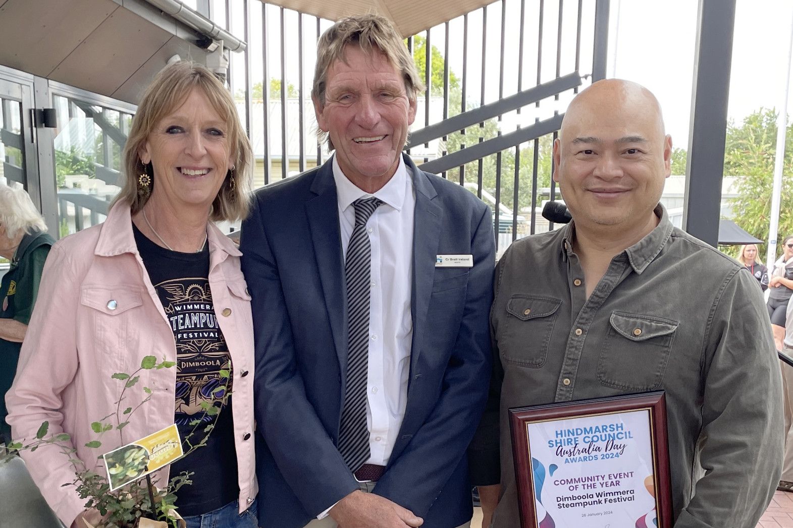 Wimmera Steampunk Festival organisers Kaylene Pietsch and Chan Uoy with Hindmarsh mayor Cr Brett Ireland.