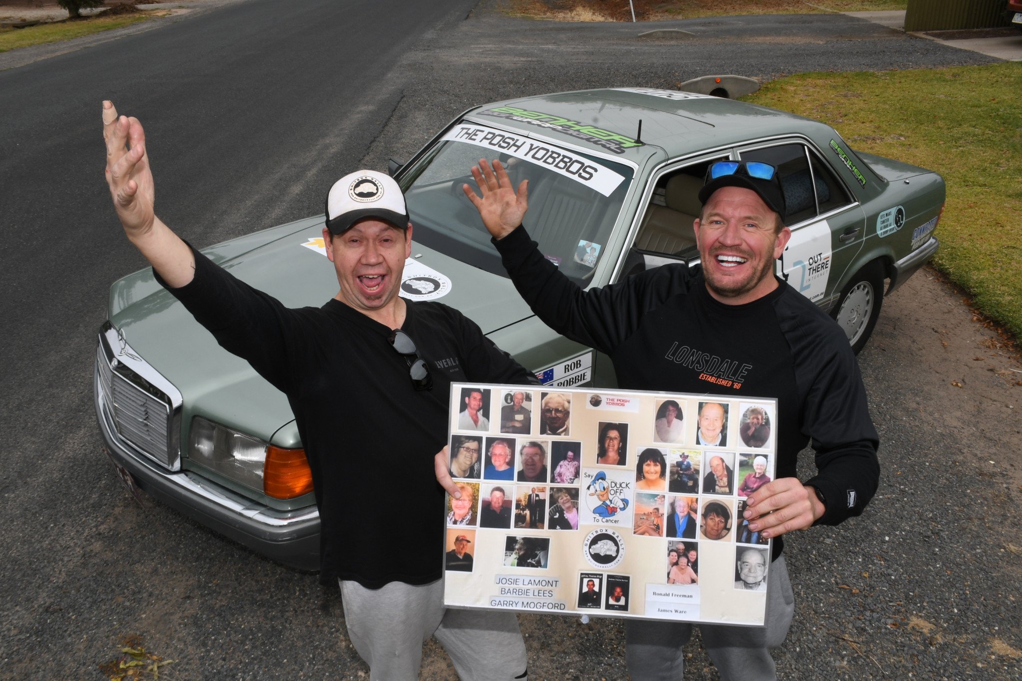 READY TO ROLL: Robbie Charles and Matthew Hoiles called in to see Robbie&rsquo;s father in law, David Edwards in Warracknabeal on Friday on the way to the start of the rally in Adelaide.