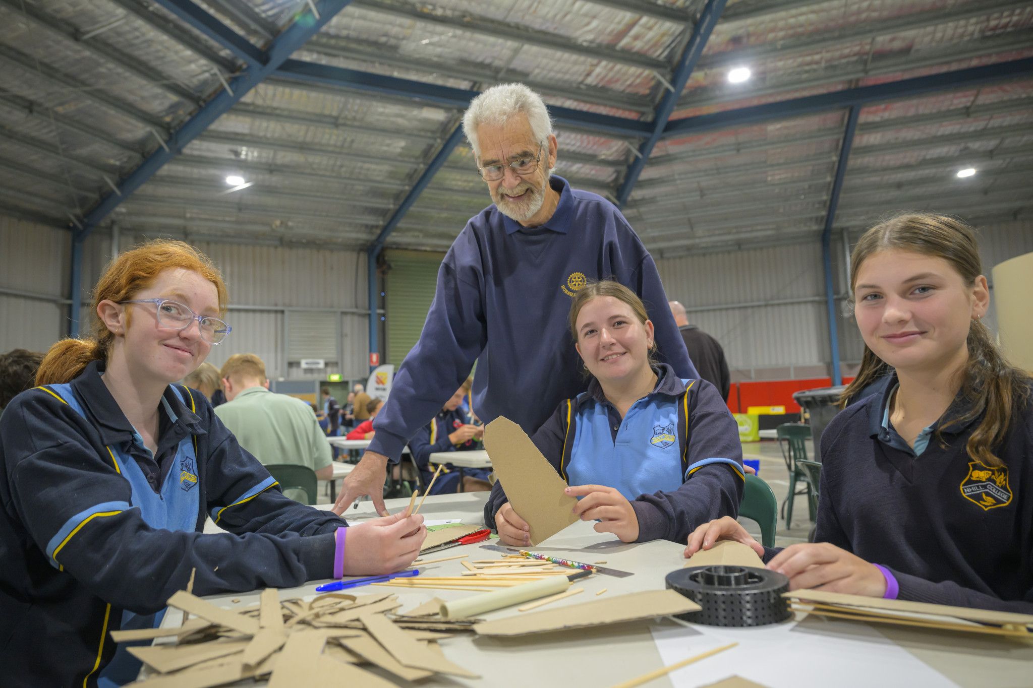 Charlotte Sidebottom (Nhill College), Terry Harris, President of the Rotary Club of Horsham East, Zalia Wilson and Lanie Clark doing the wind turbine challenge during the 2025 event. Picture: Supplied