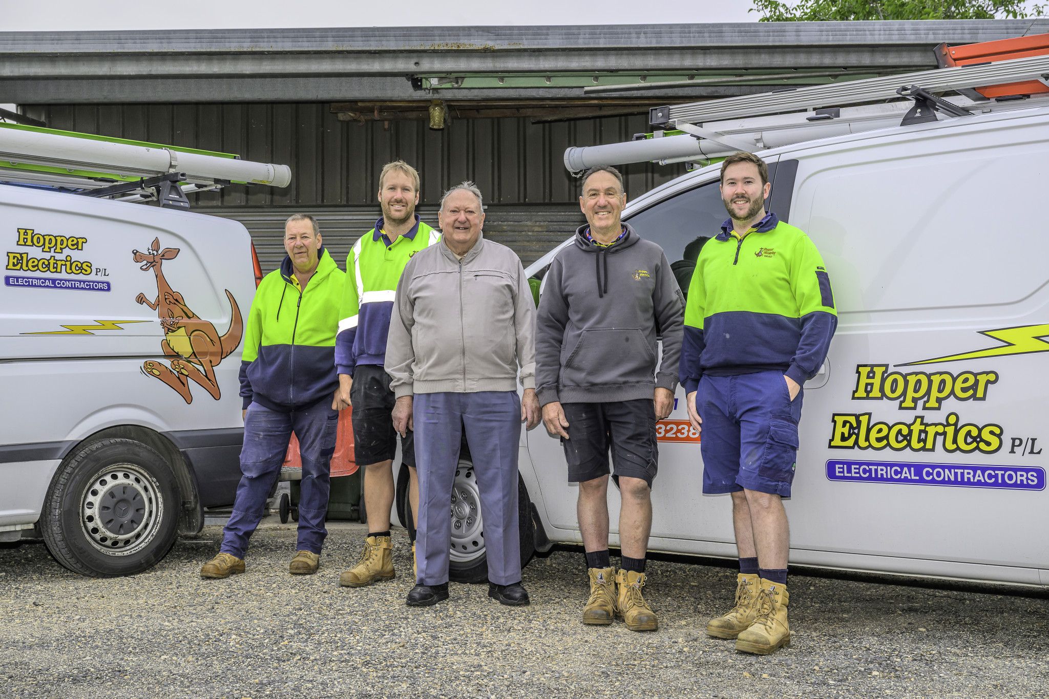 Decades of serving the Horsham district and beyond is still going strong with the modest family business of Hopper Electrics celebrating 80 years of operation in 2025. Pictured are three of the four generations who have helped keep local businesses and homes operational with installation, maintenance and repairs over all that time – (from left) Shane Hopper, Tim Hopper, Noel Hopper, Rick Hopper and Brad Hopper. Noel took over from his father, Eddie, in 1970, and Rick has been running the show since 2000, currently with the help of his sons, Tim and Brad, and brother, Shane.