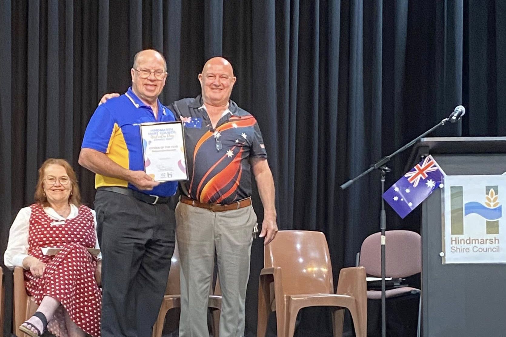 Hindmarsh Shire Citizen of the Year for 2026 Robert &lsquo;Bob&rsquo; Blackwood standing with mayor Ron Ismay.