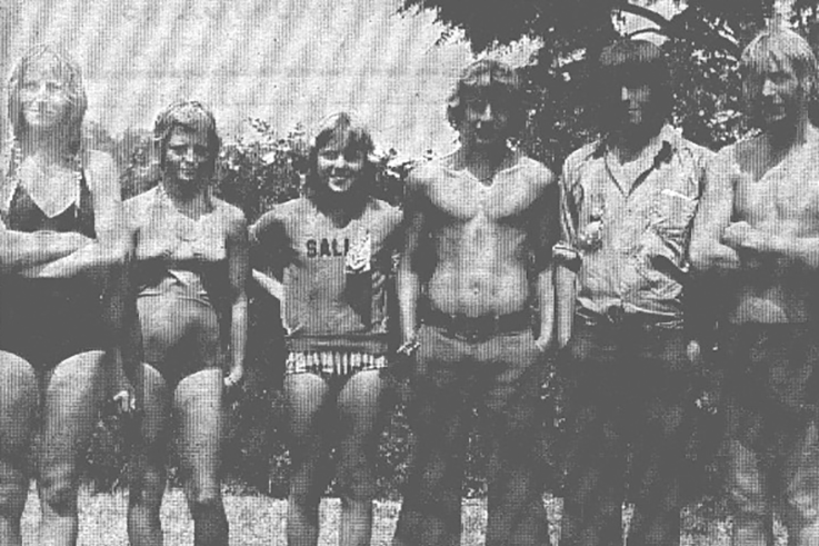 Swimming champions Wendy Brymer, Sally Brymer, Sally Wellington, Stephen Fellows, Peter Anderson and Ross Anderson.