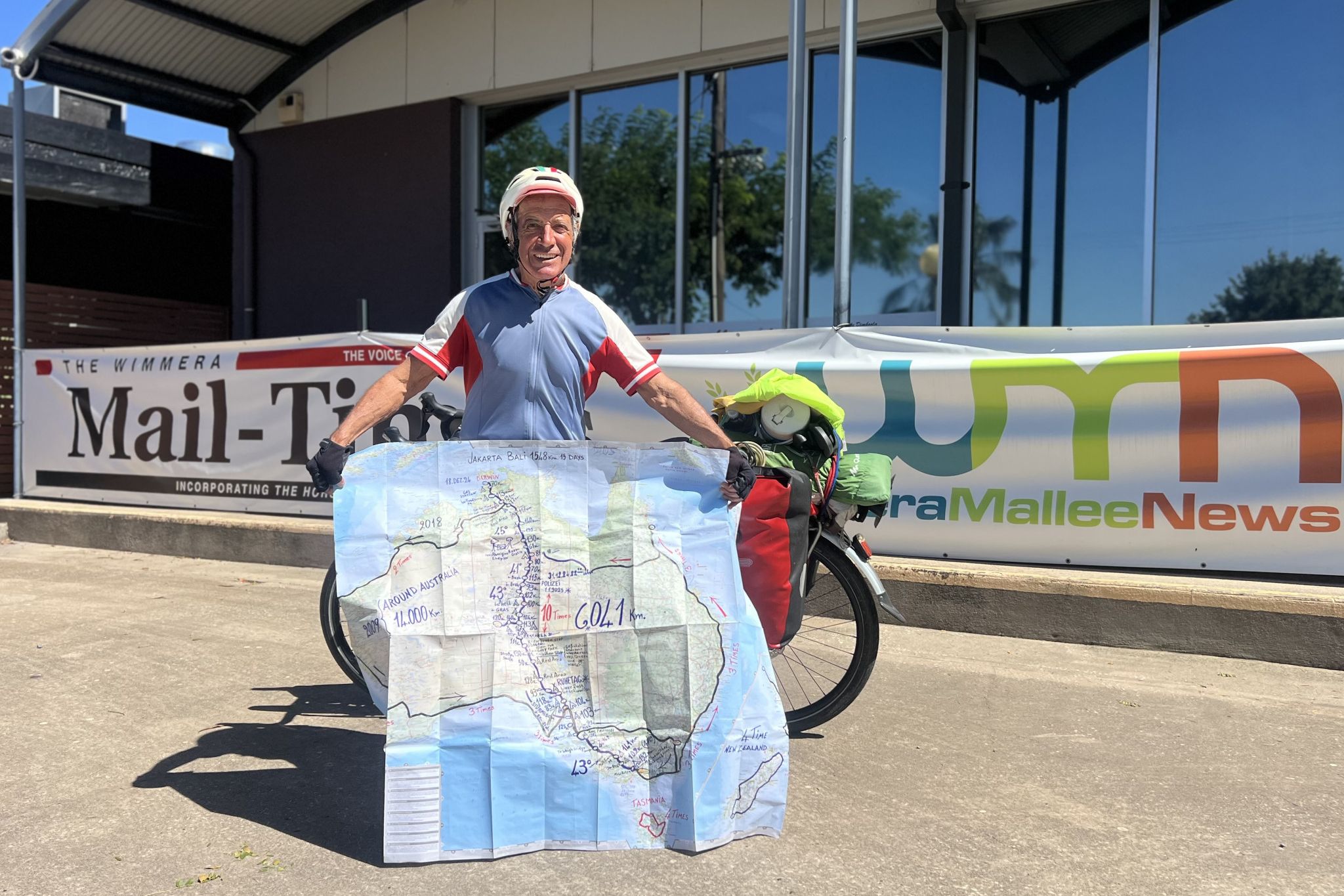 Armando Basile stops in Horsham on Tuesday, March 3, during another leg of his world cycling journey.