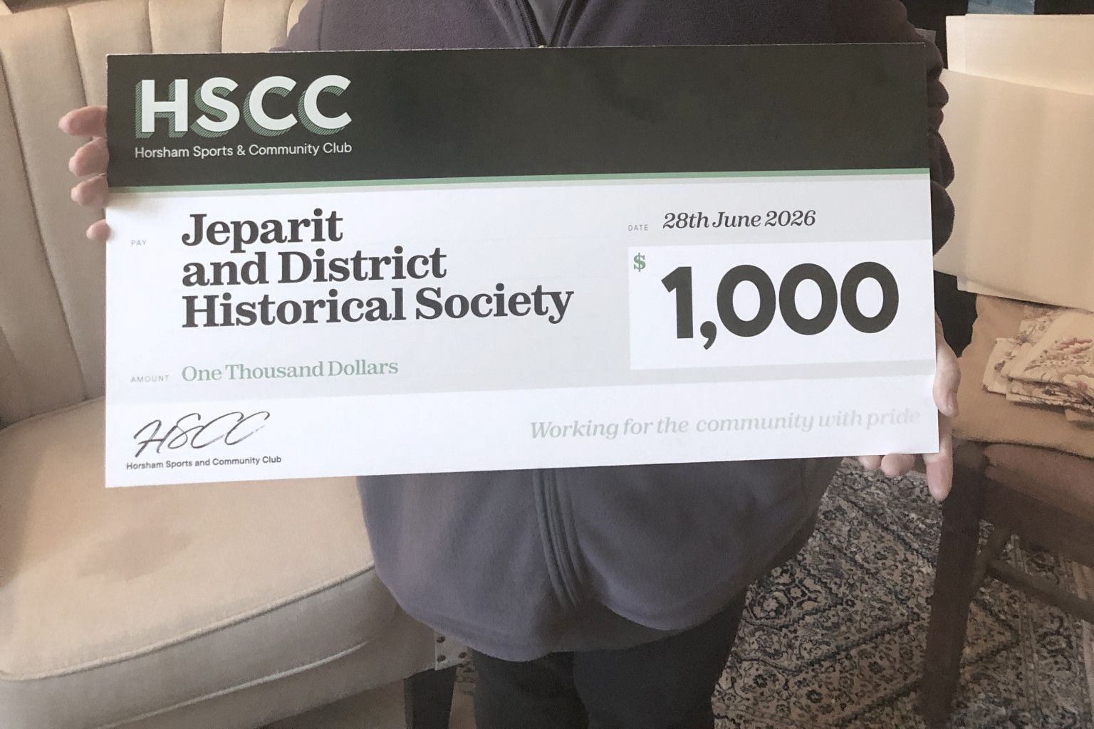 Jeparit and District Historical Society president Wendy Zanker with the Horsham Sports & Community Club's allocation of funds.