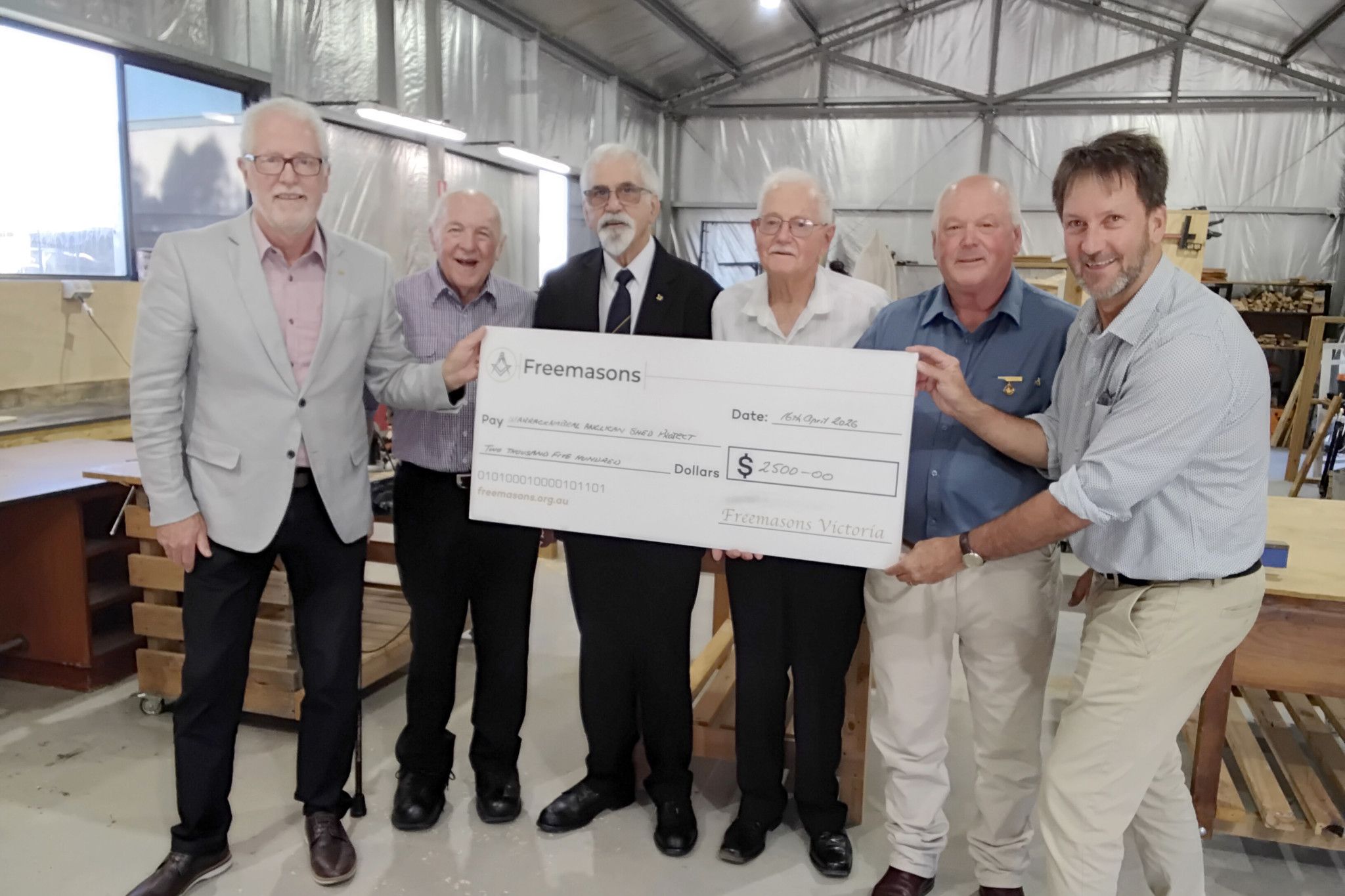 John McTaggart (left), Noel Taylor, Michael Haebich, Keven Liersch, Rodney Overall and Rev James Wood with the $2500 cheque presented by the Dimboola Lodge to the Warracknabeal Shed Project. Photo credit: SUPPLIED