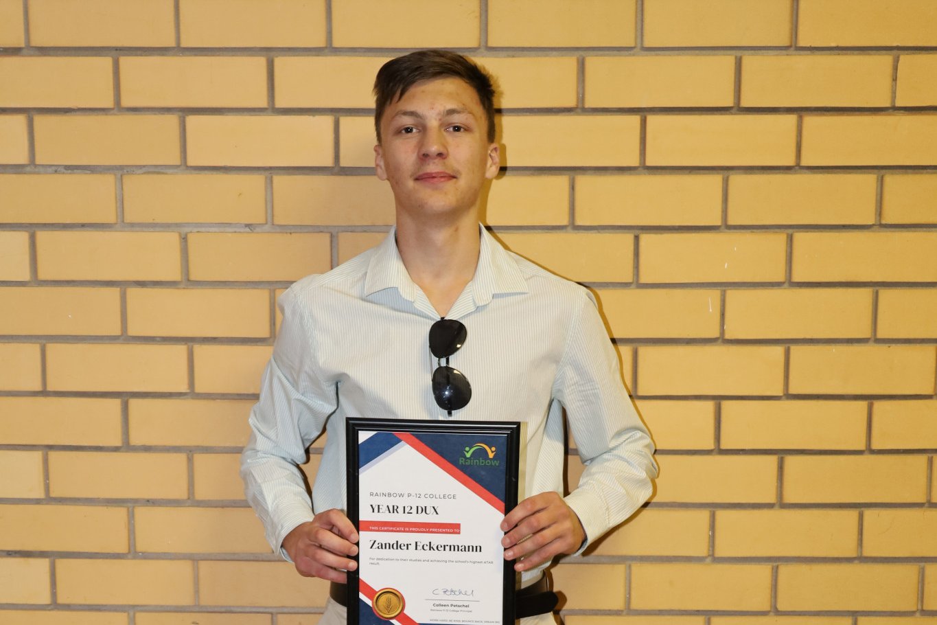 Rainbow P-12 College dux Zander Eckermann pictured with his award at the annual awards night of the school on Tuesday, December 16, at Mecca.