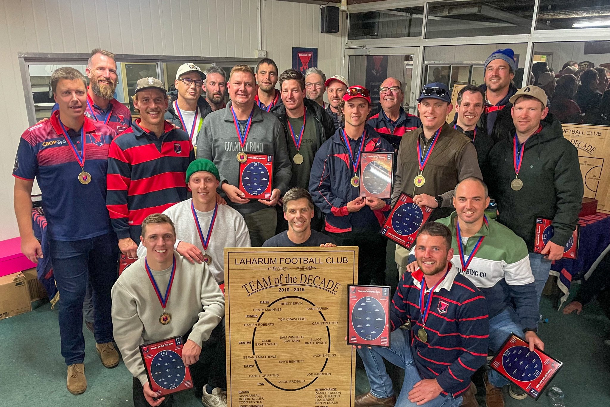 Pictured here are the attending members of the 2010s football team. Standing from Left - Right: Hamish Roberts, Shan Argall, Daniel Easson, Marcus Demaria, Gerard Matthews, Jason Przibilla, Brett Ervin, Kane Parish, Cam Streeter, Elliot Braithwaite, Jack Shields, Roger MacInnes, Daniel Griffiths, Ollie Braithwaite, Ben Peucker, Heath MacInnes Kneeling from Left - Right: Sam Winfield, Todd Heynen, Rhys Bennett, Robbie Miller, Cam Bruce PHOTO: PROVIDED