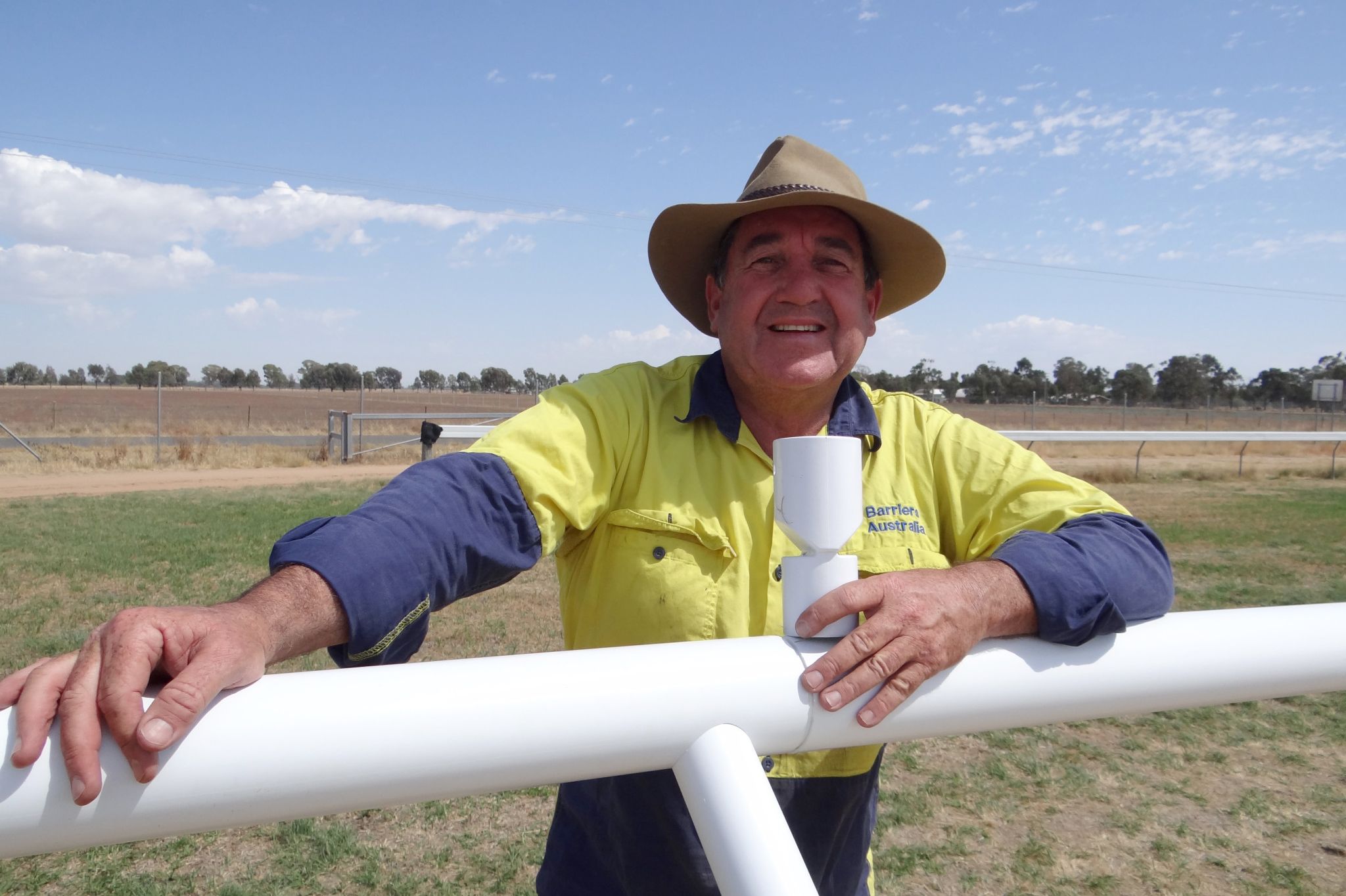 Berrigan was the first club to receive Barriers Australia's PVC running rail in the latest Racing NSW/Racing NSW Country rollout. In February last year, director Anthony Schache posed at the Berrigan track with the breakaway fuse that makes his product a safety boon for jockeys.