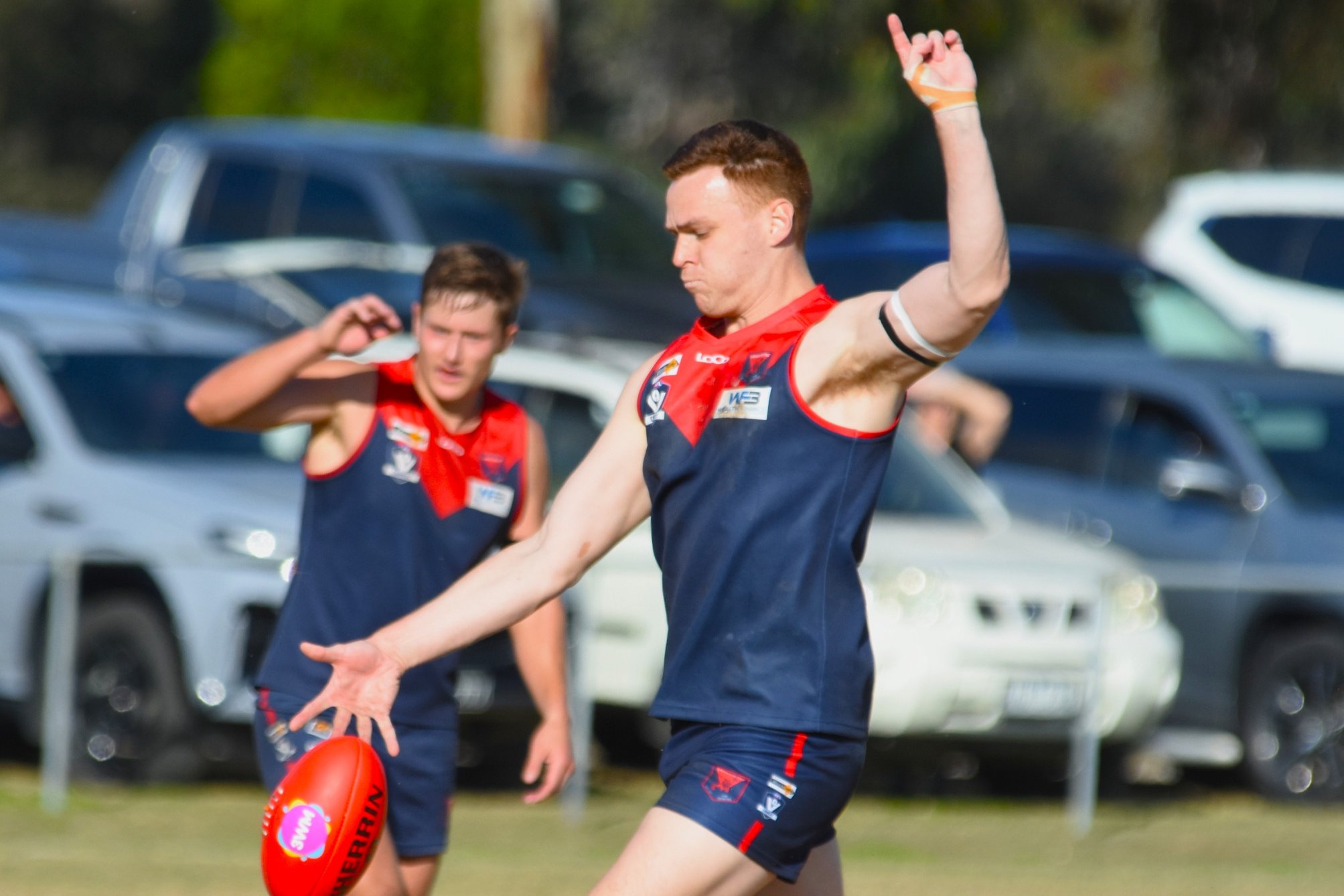 Laharum's Jack Fenner kicks one of his four goals during the side's 104-76 victory over Noradjuha Quantong in round five of the HDFNL.