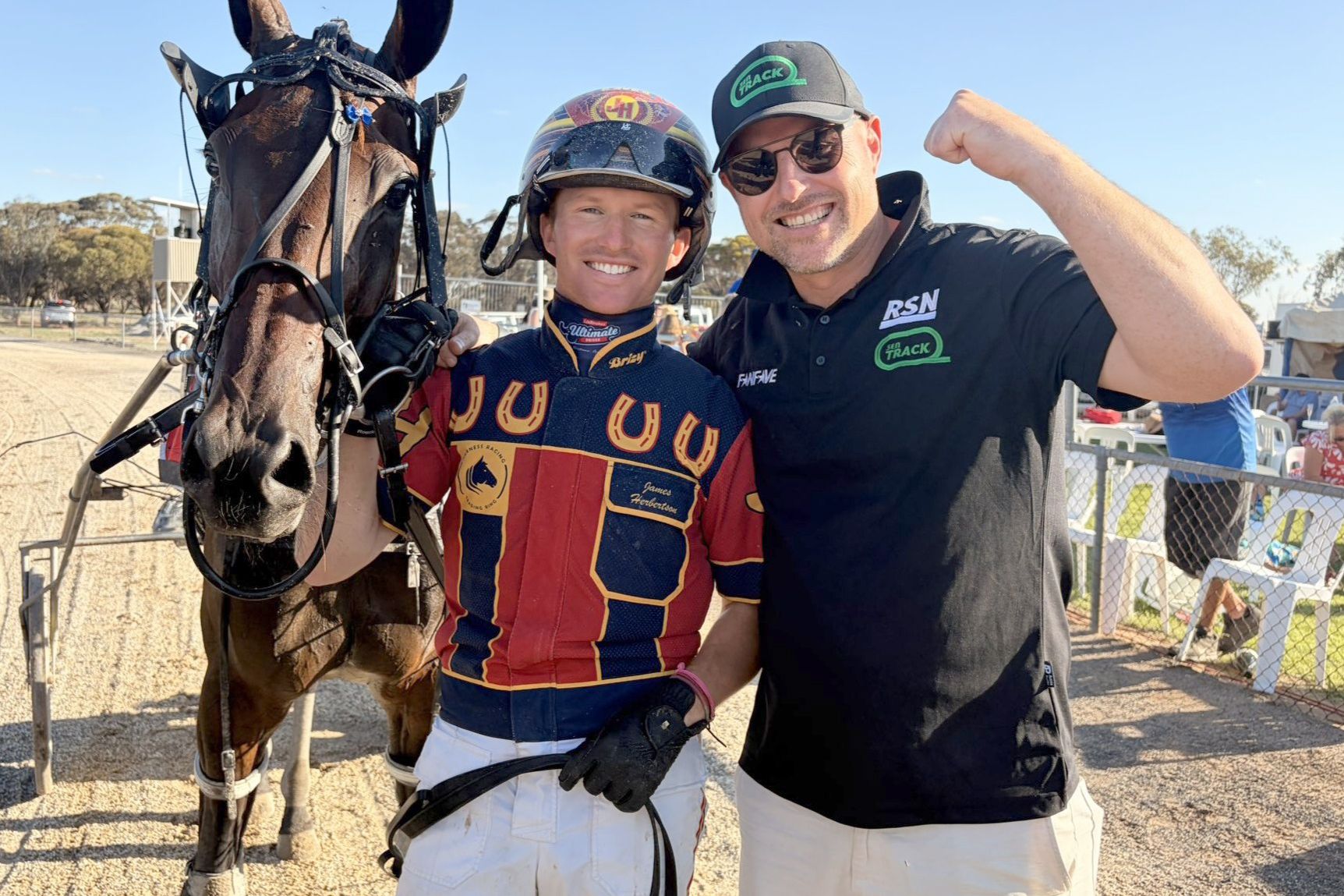 Winning driver James Herbertson with Gareth Hall, manager of the SEN Giddy Up slot, with Wicked Confession after their success in the inaugural Running of the Bulls at Birchip on Sunday afternoon.
