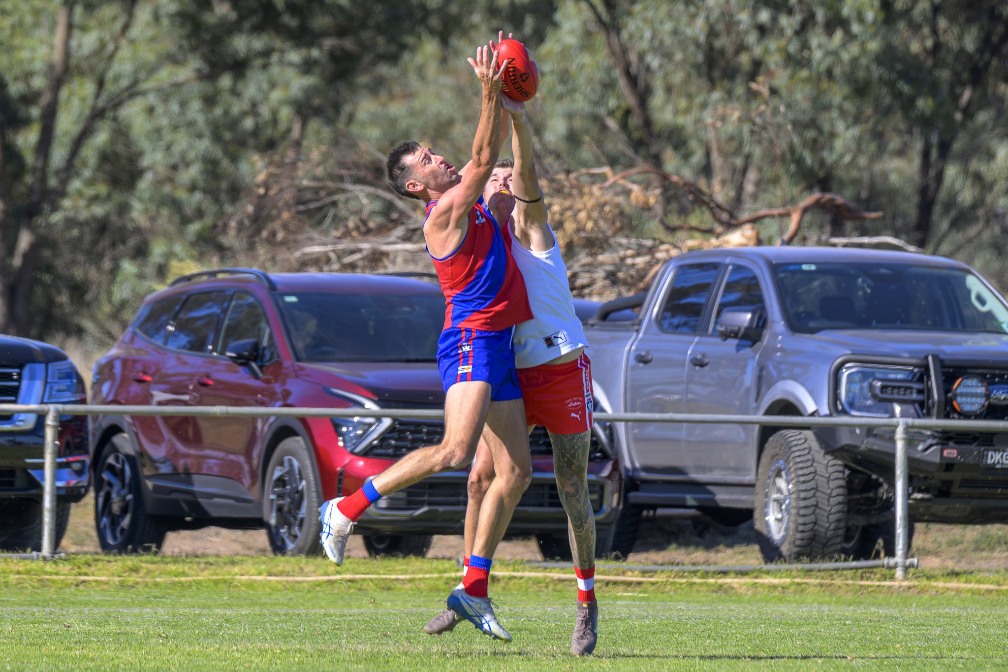 Kalkee's Tanner Smith contests a mark against Taylors Lake's Mitchell Crough. Smith booted 11 goals in his return to the Kees, helping them defeat the Lakers 126-91.