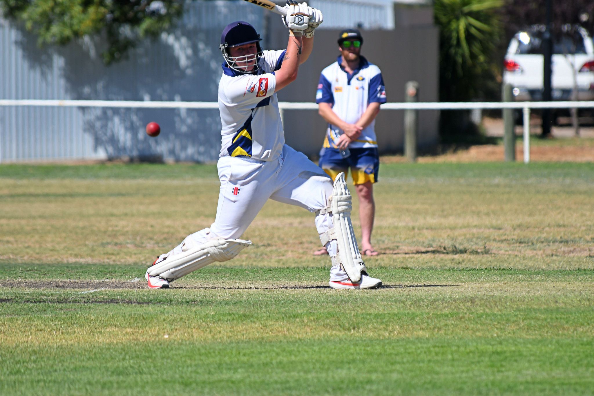Logan Millar gets a cut shot away during his innings. The Colts batsman finished with 126 to help his side reach 286 against Laharum.