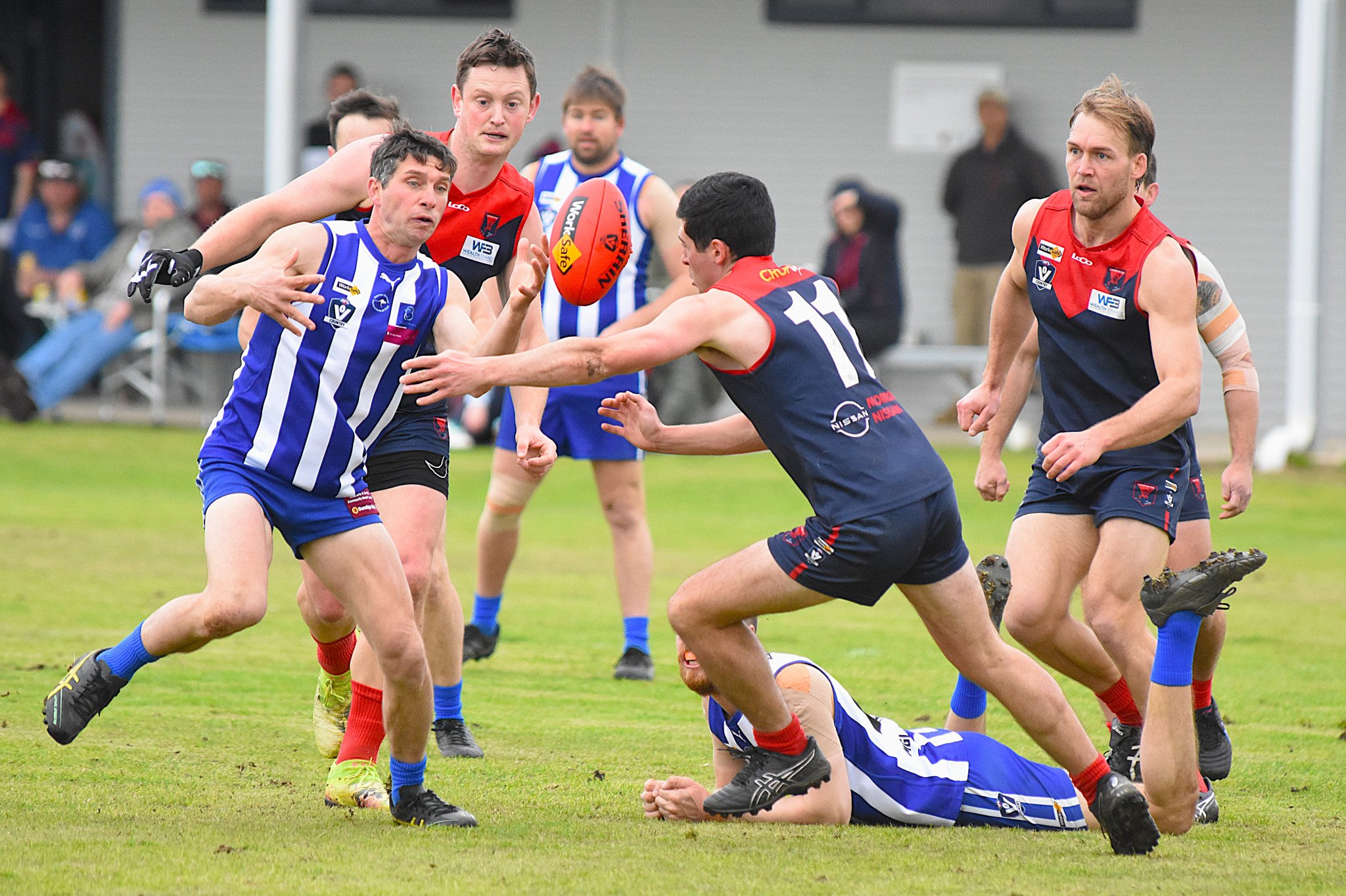 Harrow Balmoral's William Plush and Laharum's Sean Wouters go for the loose ball during their teams' round-18 clash. The Demons' 10.6 (66) to 6.4 (40) win was their first victory over Harrow Balmoral since 2016.