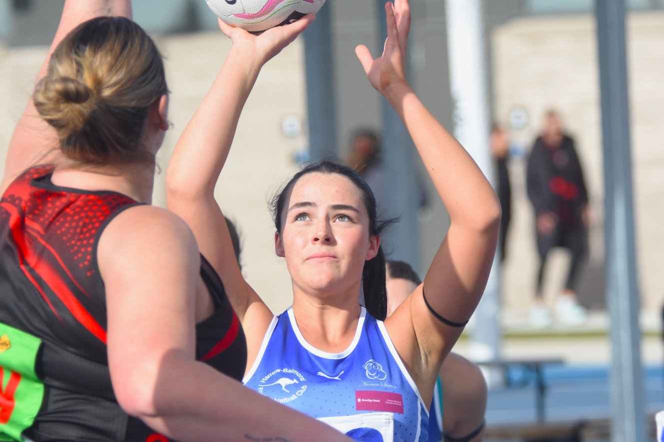 Harrow Balmoral's Mia Rees prepares to shoot while being defended by Noradjuha Quantong's Rachel Leader. The Bombers defeated the Southern Roos 44-31 to go another step closer to securing a top three finals spot.