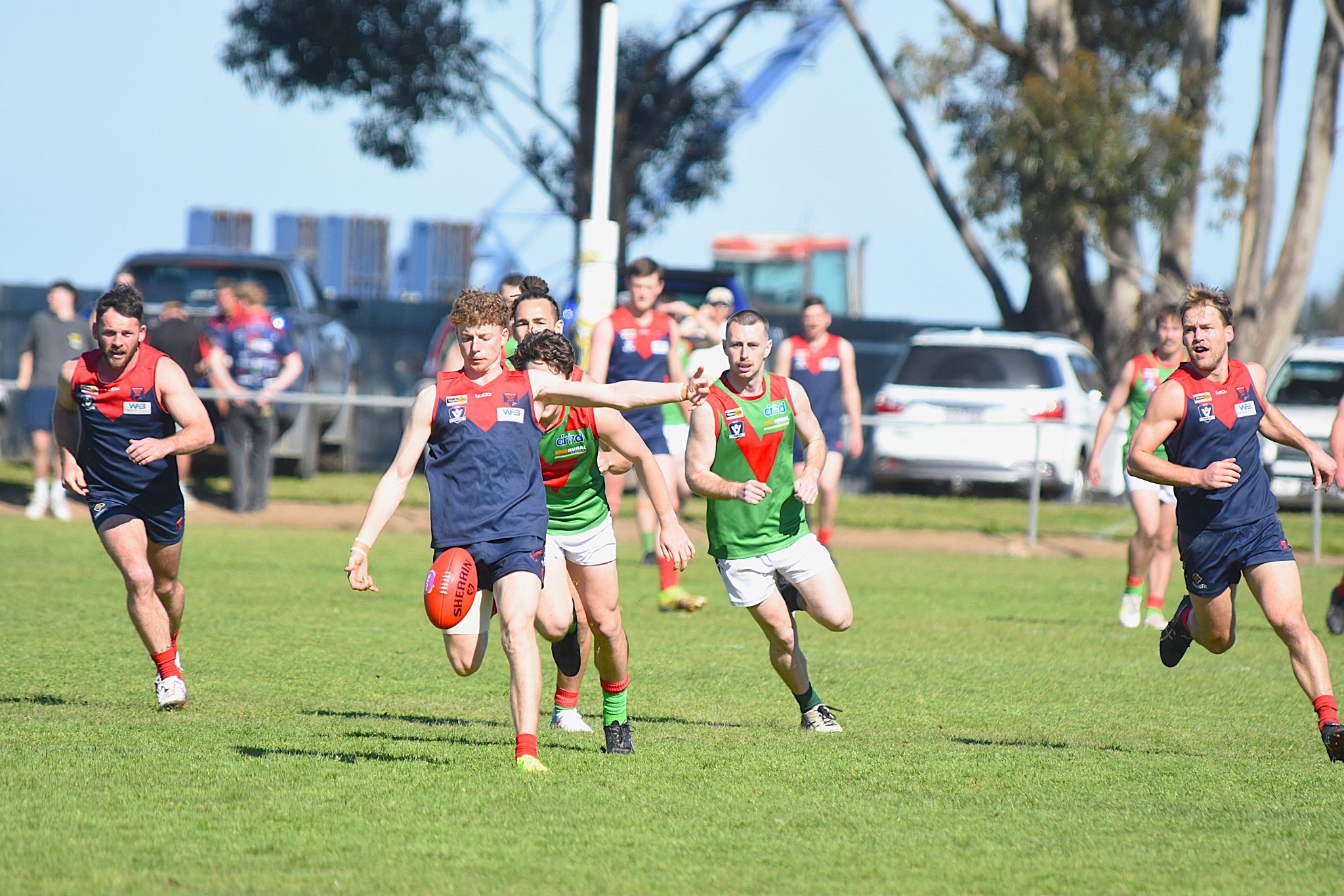 Monty Wynne kicks upfield during Laharum's semi-final against Noradjuha Quantong. The Demons will play in their first senior football grand final since their 2015 premiership after defeating the Bombers 10.9 (69) to 7.9 (51).