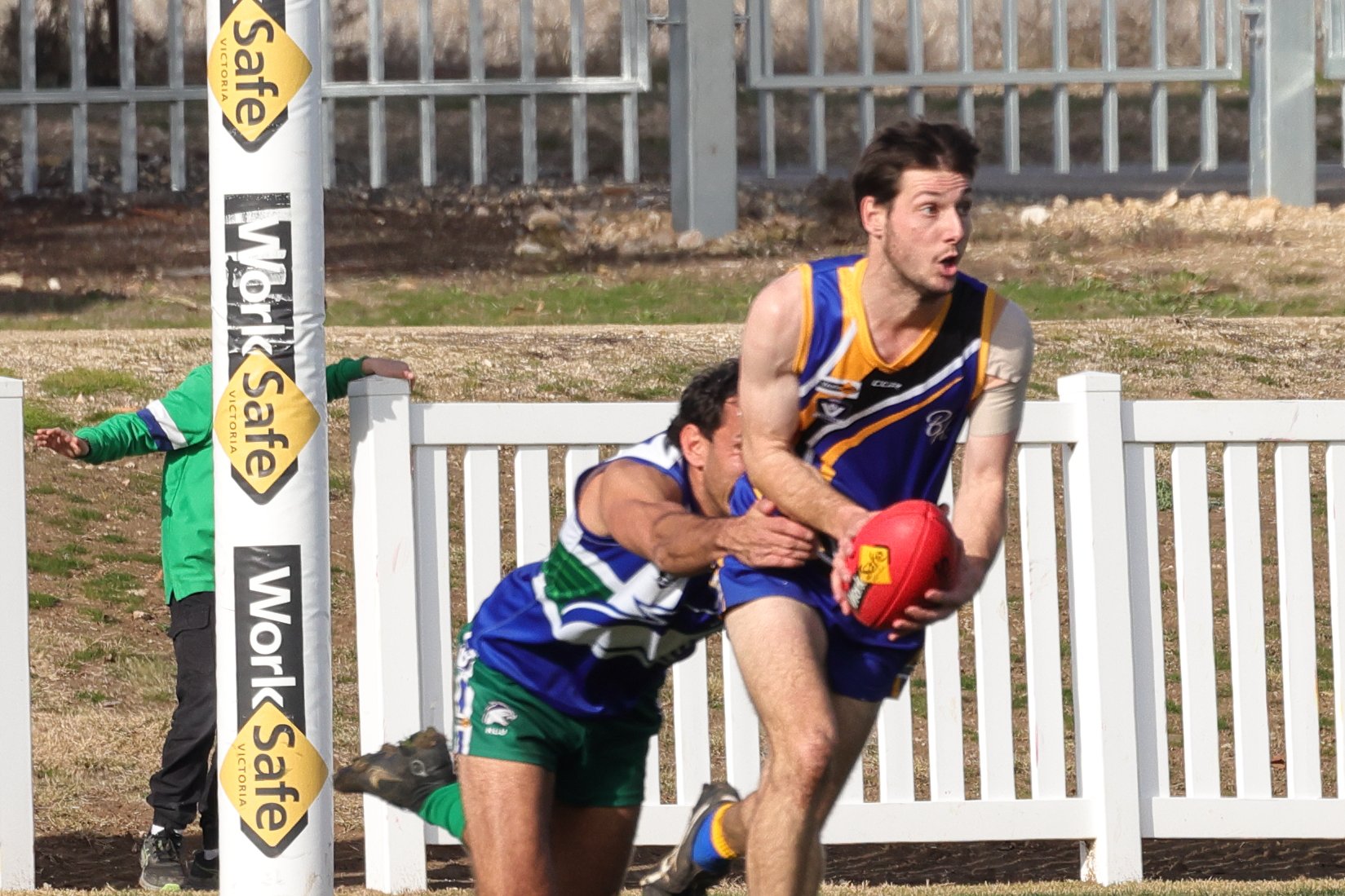 Natimuk's Zachary Smith is tackled by Harley Bennell. PHOTO: PAT FORD