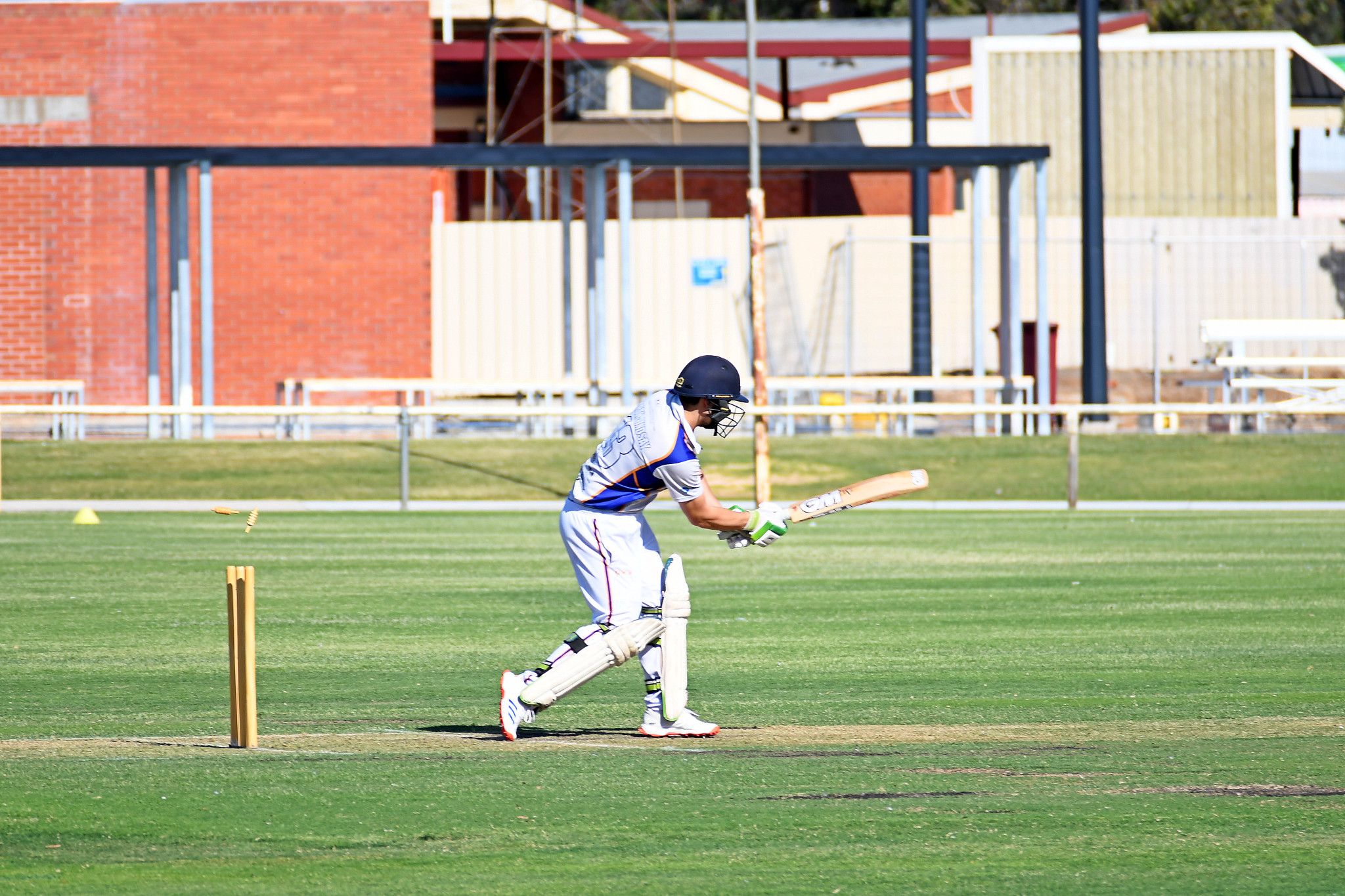 Lubeck Murtoa's Oliver Garth Lindsay is bowled by Matthew Combe for a golden duck in the Mudlarks second innings