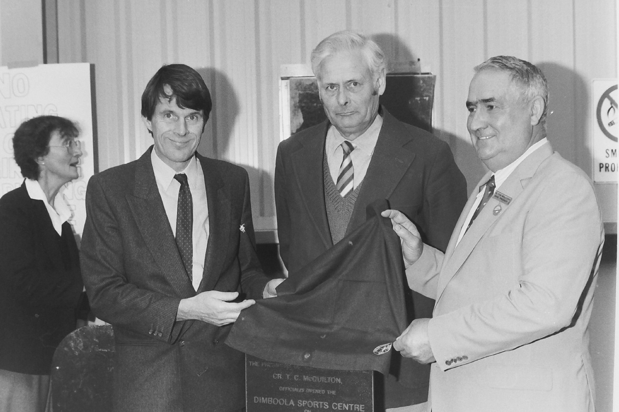 Cr John Pickering of Dimboola (left), Cr Bill McKenzie of Dimboola Shire, and shire president Cr Tom McQuilton are pictured unveiling the plaque to mark the official opening of Dimboola's new stadium.