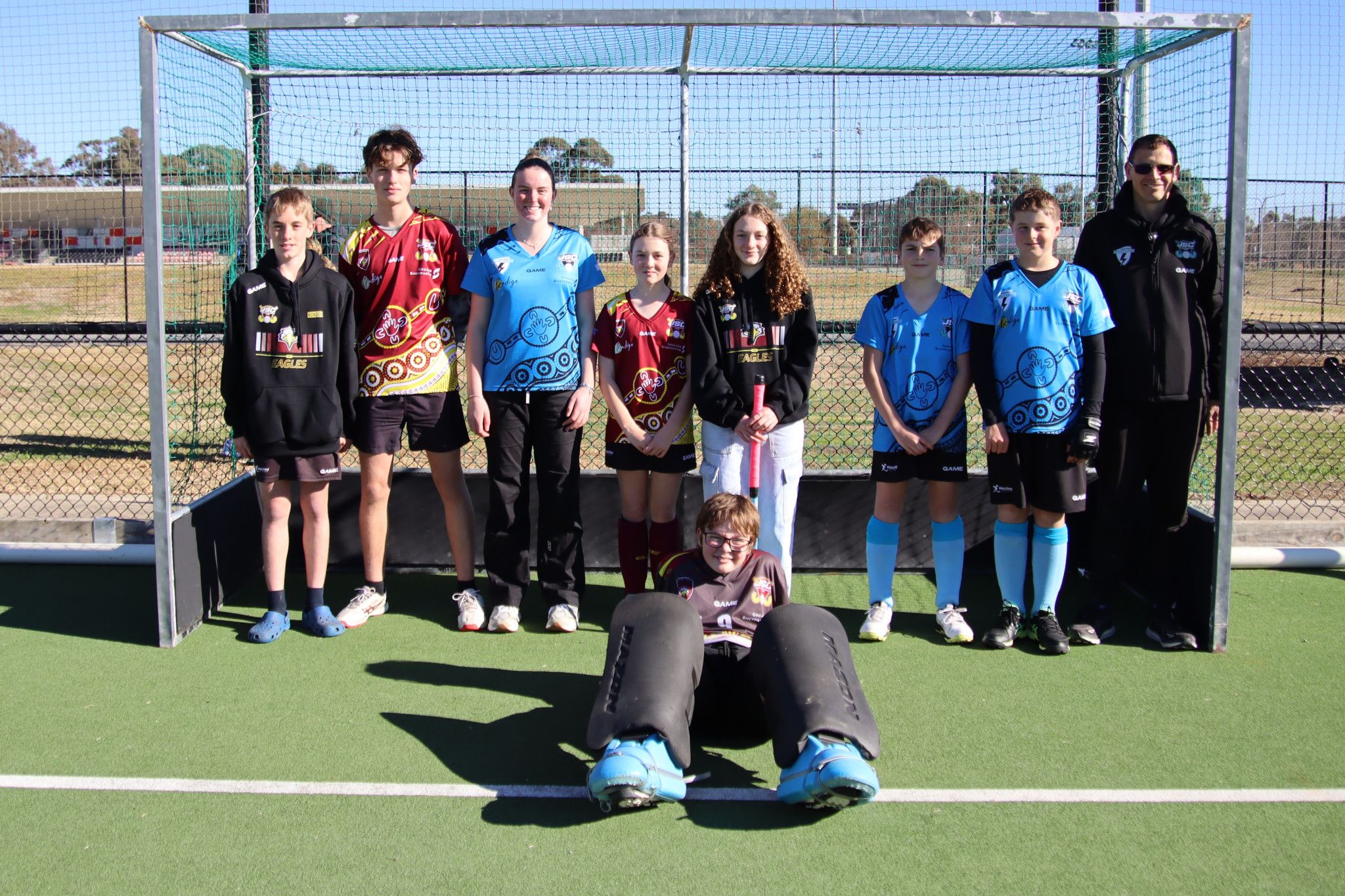 Wimmera Participants - (from left) Hunter Knoop, Jack Di Pietro, Hannah Mackereth, Holly Di Pietro, Olivia Knoop, Barrett Clark, James Mackereth, Paul Mackereth (Coach); Riley Knoop in front. PHOTO: Rachel Clark