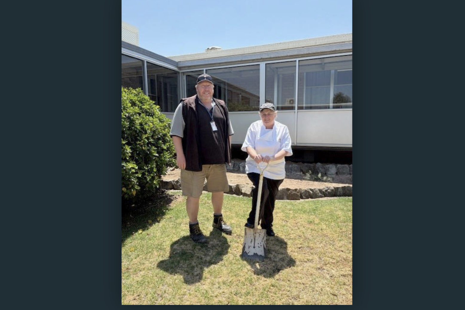 WWHS&rsquo; stores manager Luke Oldaker and chef in charge Ann-Marie Fischer turn the first sod to mark the commencement of construction.