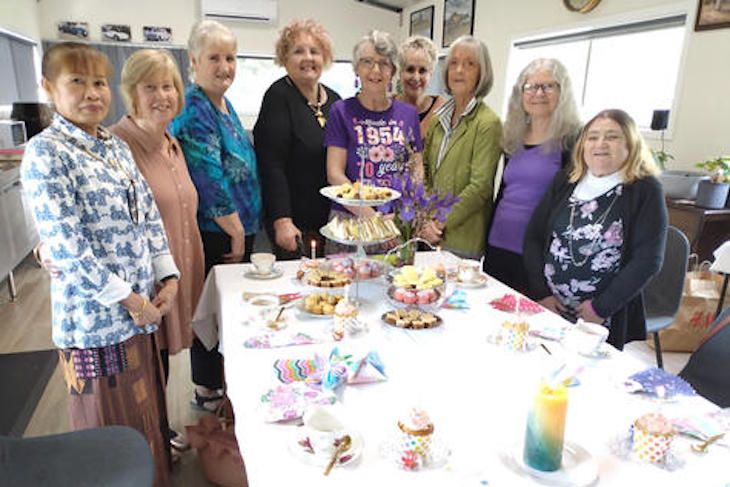 Celebrating 70th birthdays in style are Leela Symes, Dianne Krelle, Margaret Raymer, Geraldine Drum, organiser Shirley McMartin, Wendy Kroker, Lyn McIntyre, Jill Jarred and Barb Barnett. Photo: FAYE SMITH