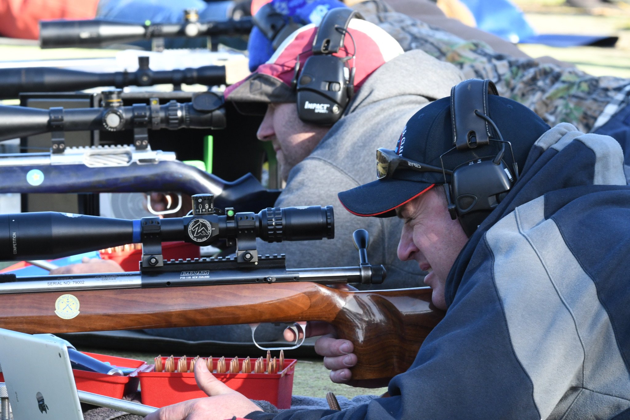 Birchip shooter Alister Lamour sights his shot on the 900 metre mound with Craig Olssen from Sheparton behind. Lamour shot in the Australian team in South Africa in March. PHOTO: DAVID WARD