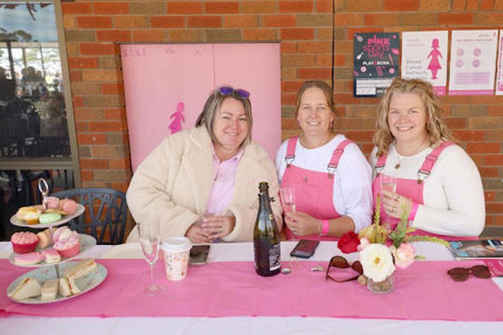 Pink Day attendees Megan Box, Yolande Hutson and Amanda King. Photo: LES GRAETZ