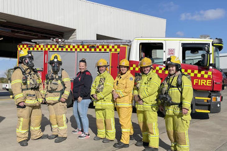 Horsham CFA participants Simon Foster, Callum Taylor, Kate Wills (climb crew), Jason Taylor, Tricia Sampson, Daniel Wills and Curtis Vanstan. Photo: CAITLIN MENADUE